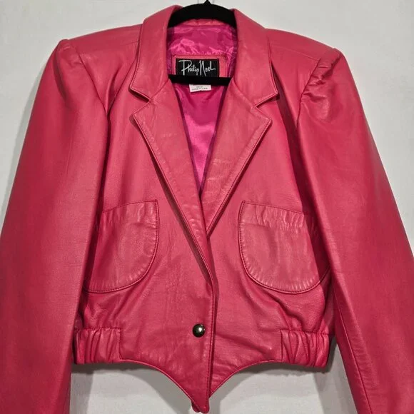USA Vintage PHILIP NOEL Retro BARBIECORE Bright PINK Leather Crop Jacket Size M. - Picture 7 of 17